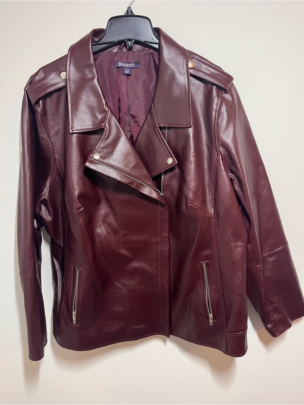 Roaman's Women's Burgundy Moto Leather Jacket